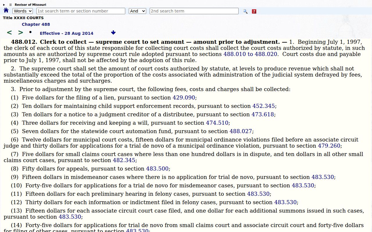 Linn County civil docket Missouri court costs and fees statute reference